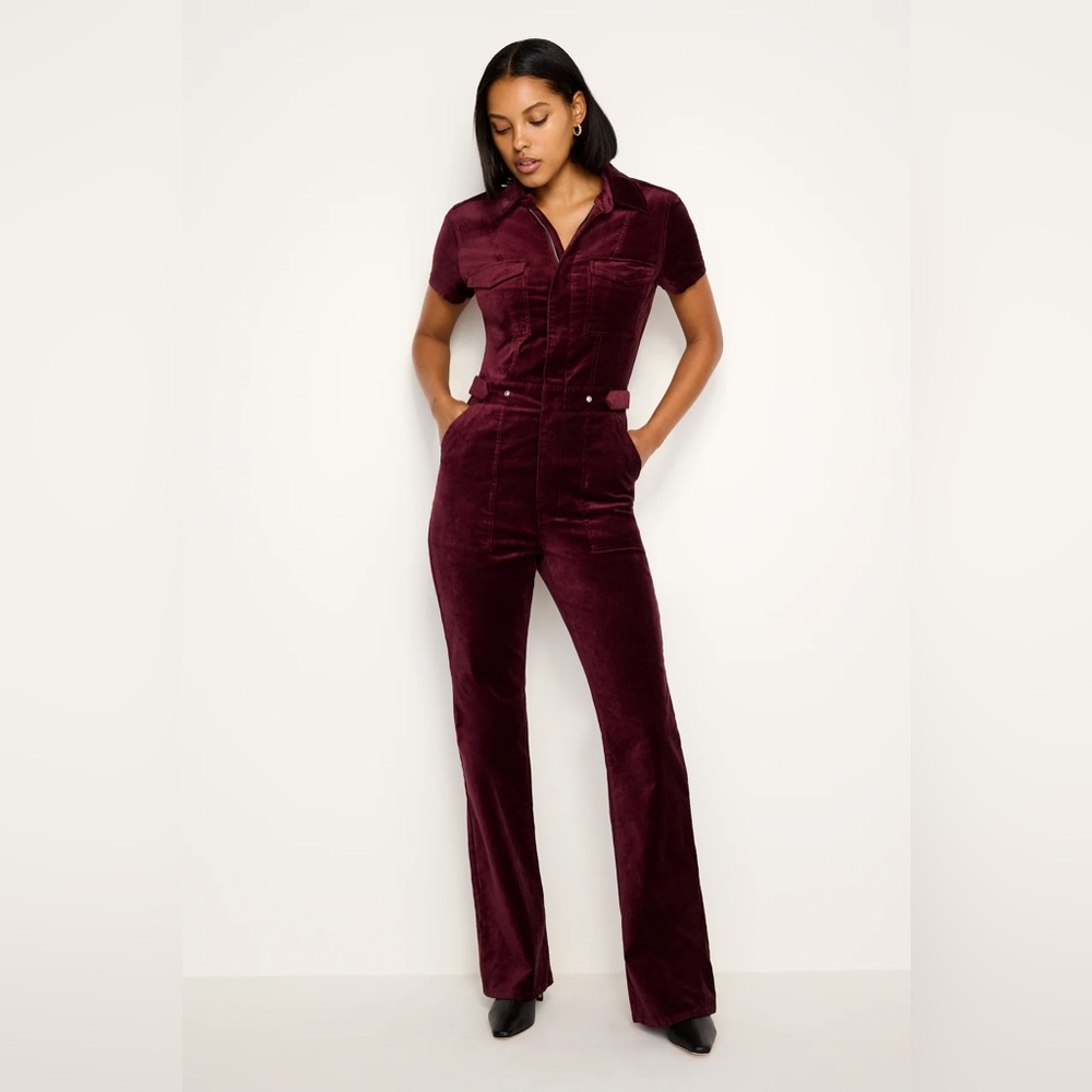 Good American Fit For Success Velvet Bootcut Jumpsuit Oxblood Red XL